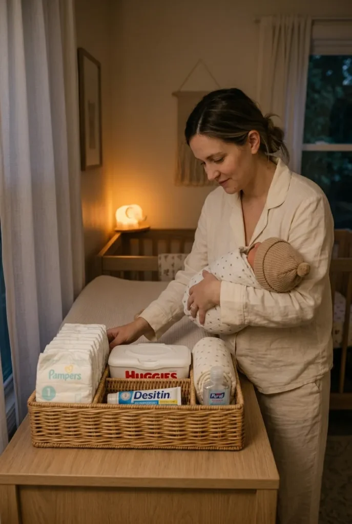 Diaper caddy organization complete nursery setup with stocked caddy and newborn in parent's arms at dusk