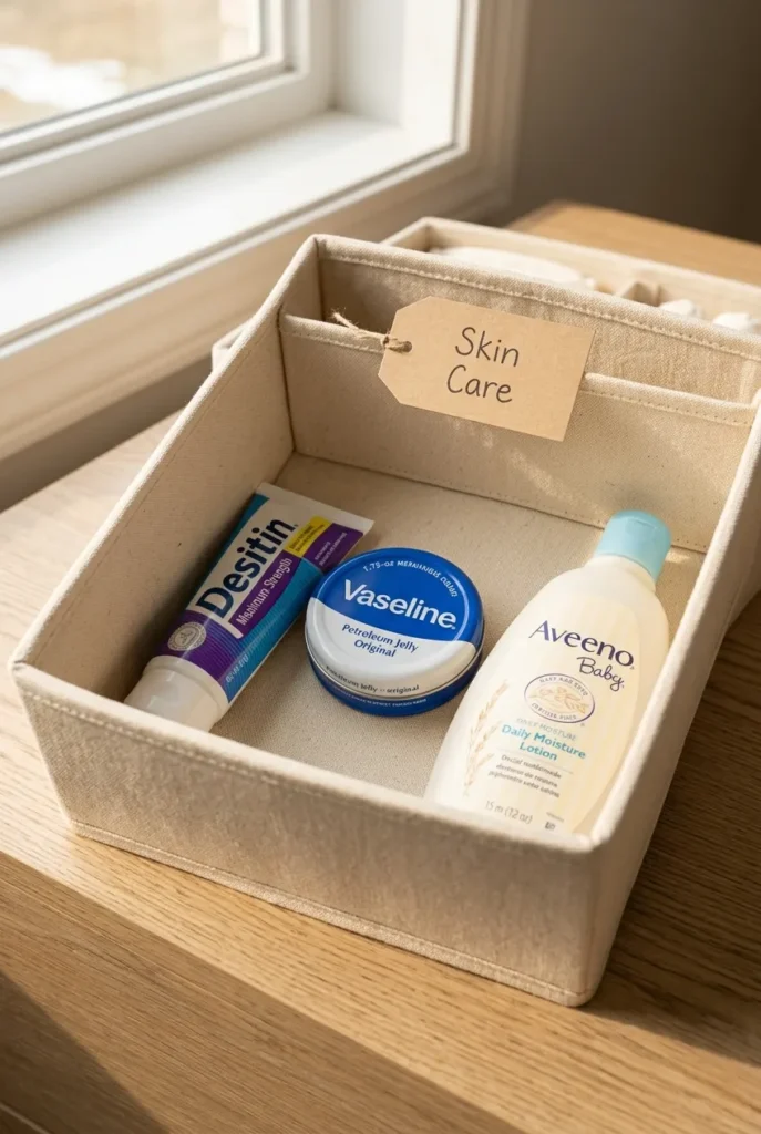 Diaper caddy organization slot two with Desitin cream, Vaseline tin, and Aveeno Baby lotion on nursery dresser