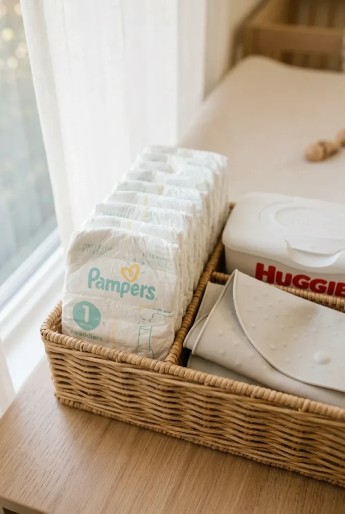 Diaper caddy organization slot one with stacked diapers, wipes dispenser, and portable changing mat