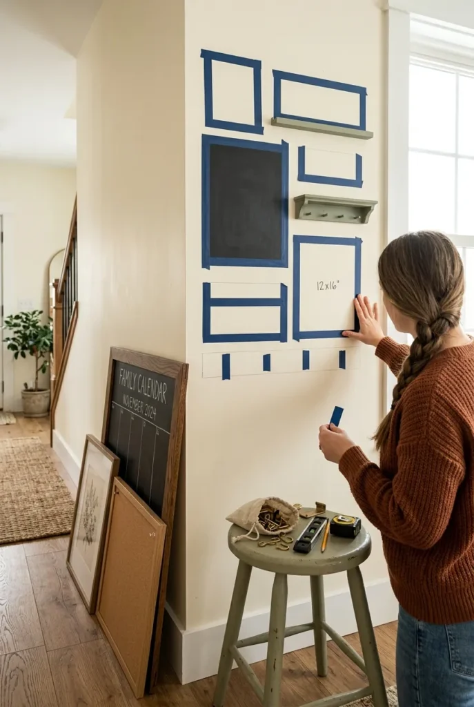 DIY family command center wall in progress with painter's tape zones and a chalkboard calendar