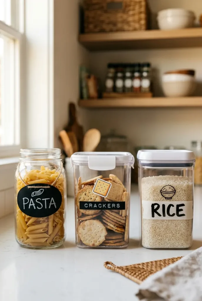 Three DIY pantry label methods kids can read including chalkboard chalk marker, DYMO label maker, and washi tape marker