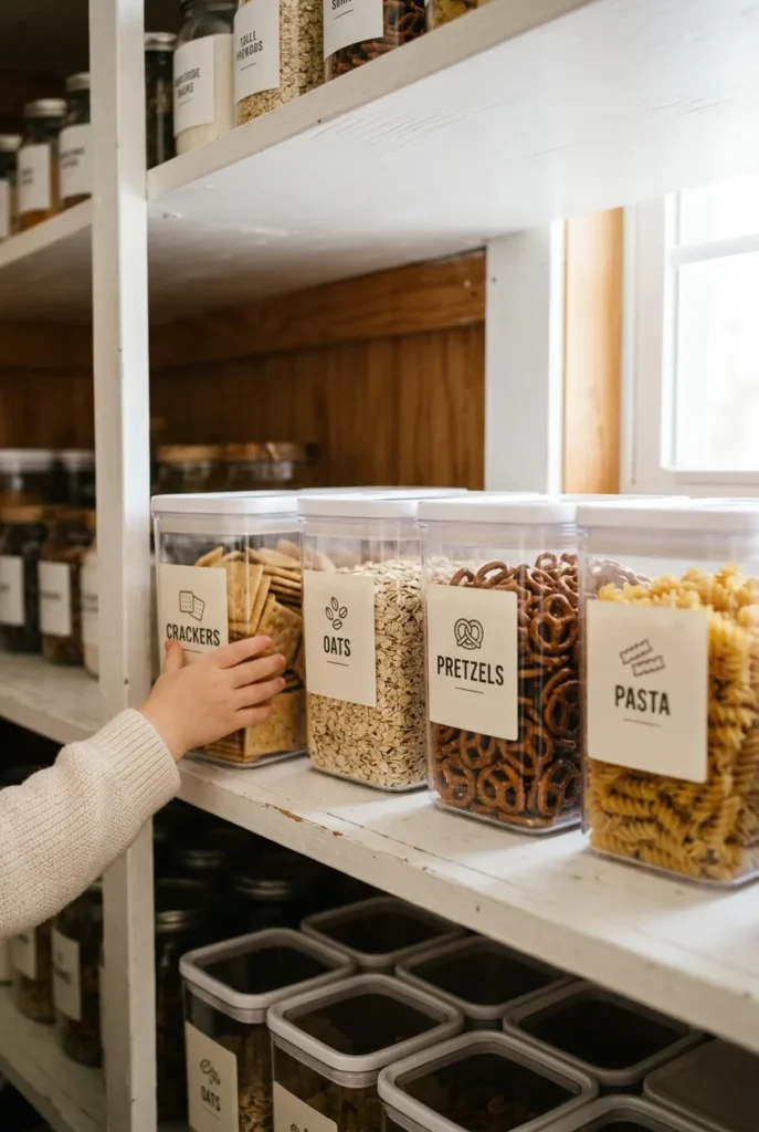 DIY pantry labels kids can read on clear bins with bold food icons and words at child-height shelf in bright pantry
