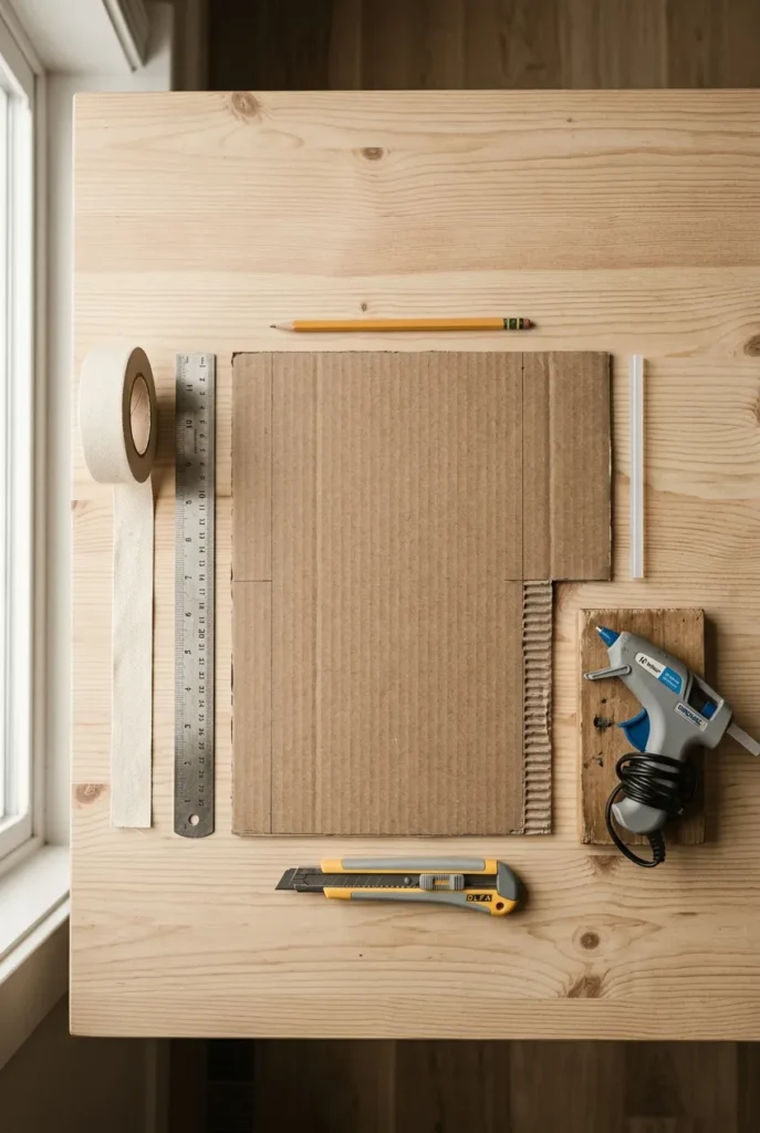 Drawer dividers diy supplies cardboard ruler glue gun flat lay