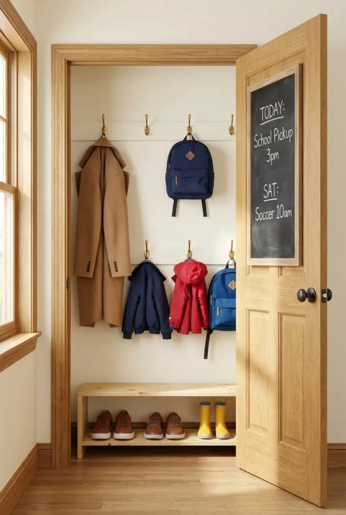 Entryway coat closet organization with three hooks per person, a shoe rack and an inside-door chalkboard.