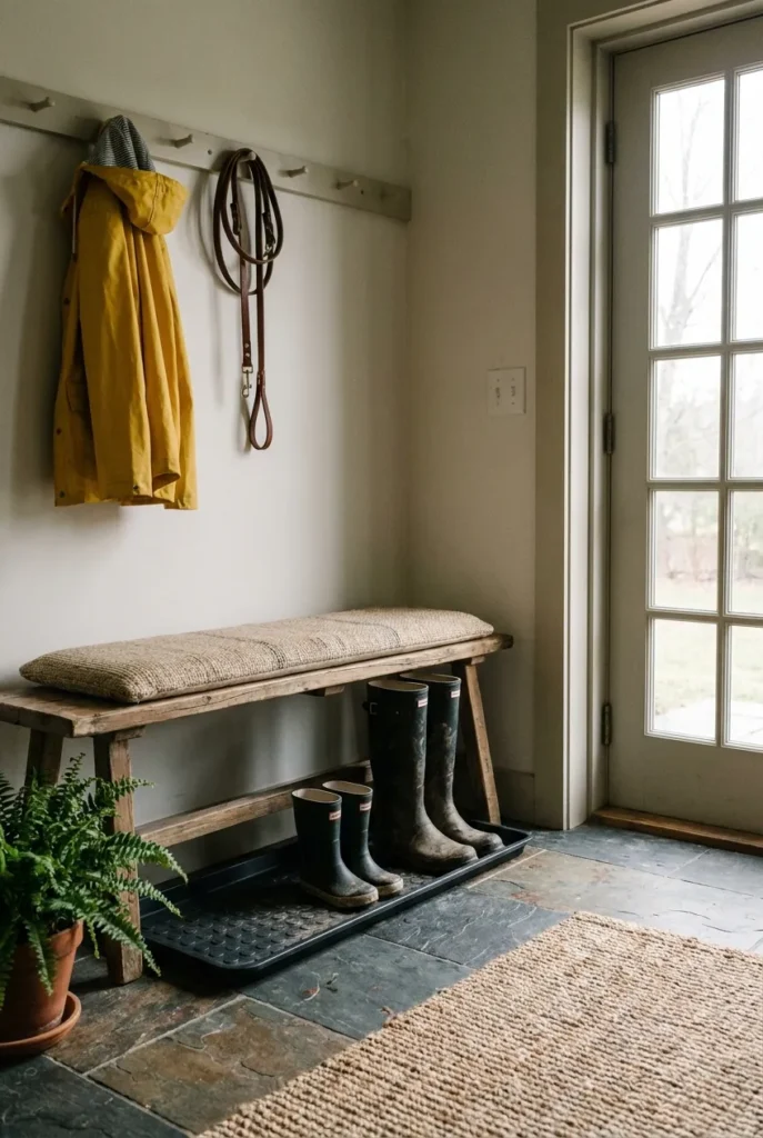Back-door entryway drop zone with boot tray, bench, and hooks for wet-weather gear