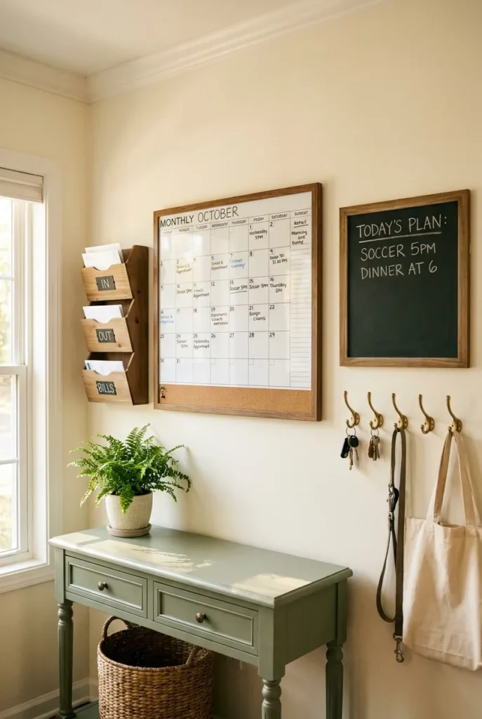 Entryway drop zone paired with a family command center wall and calendar