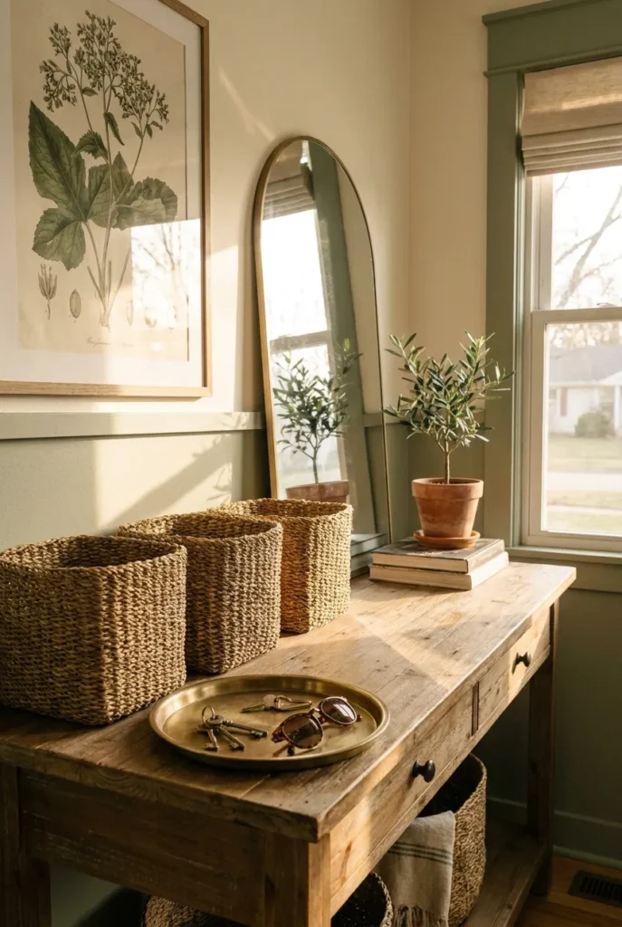 Styled entryway drop zone decor ideas with matching baskets and a brass tray