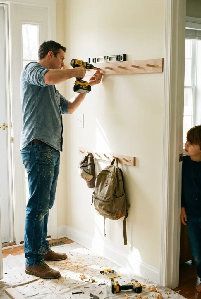 Installing entryway drop zone peg rails at two heights for adults and kids