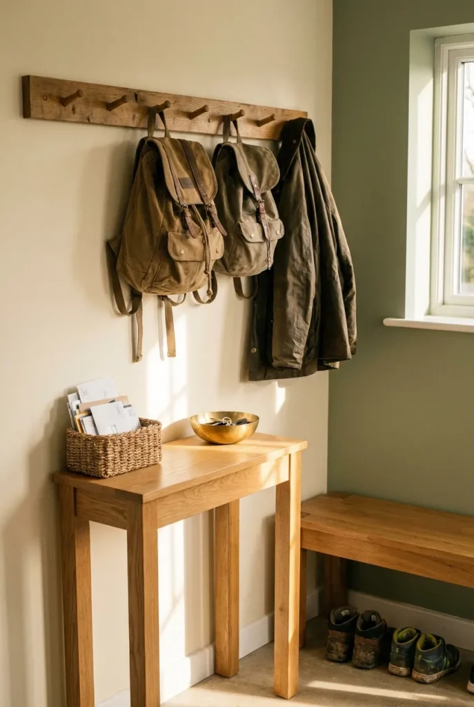 Entryway drop zone with hooks, key bowl, mail basket, and bench in a family home