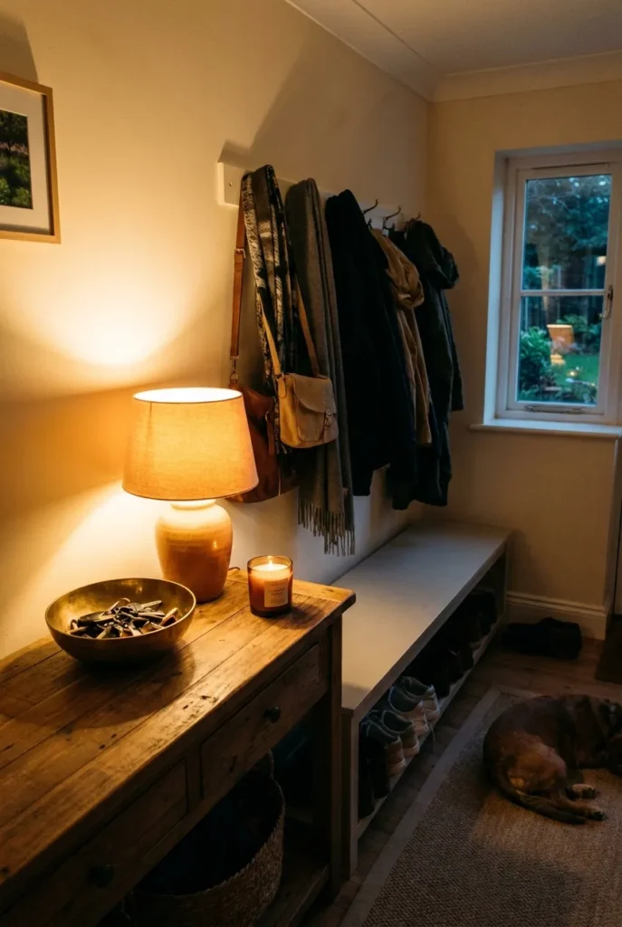 Finished entryway drop zone at dusk, keys, coats, and shoes neatly in place