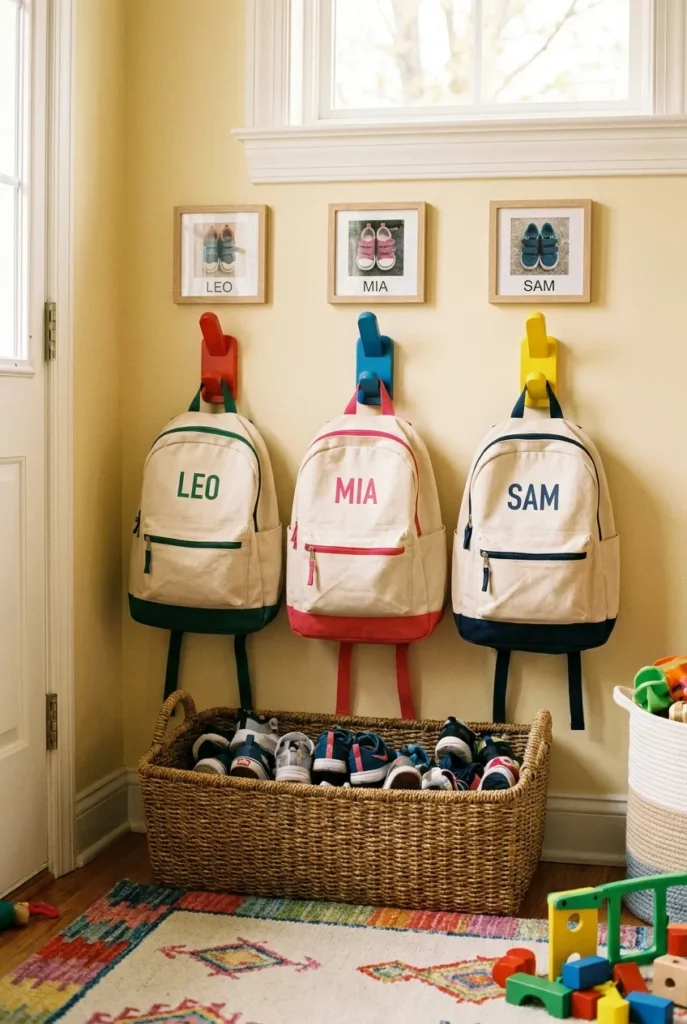 Kids entryway drop zone with low hooks, labeled backpacks, and a shoe bin