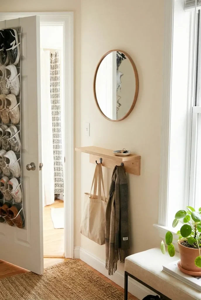 Small entryway drop zone ideas with a floating shelf, hooks, and over-the-door storage