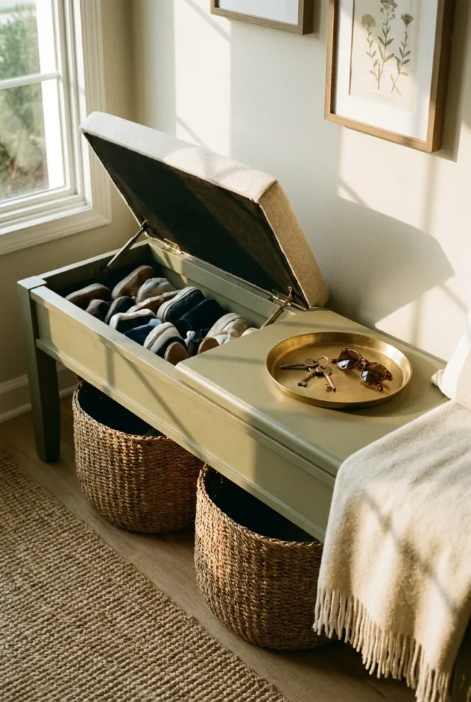 Entryway drop zone storage bench with hidden shoe cubby and a key tray on top