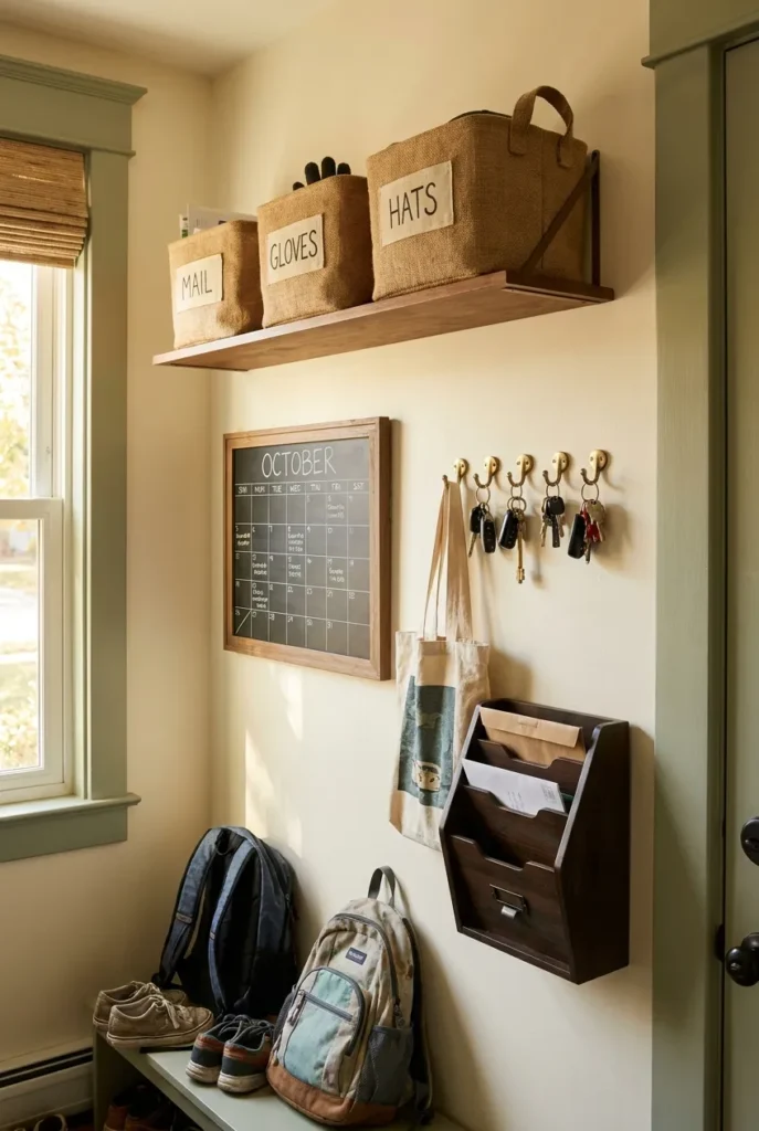 Entryway drop zone wall with labeled baskets, key hooks, and a mail organizer