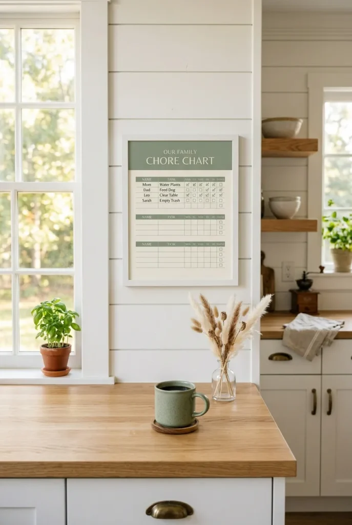 Family chore chart printable in sage green frame on kitchen wall with coffee mug, peaceful Sunday morning light