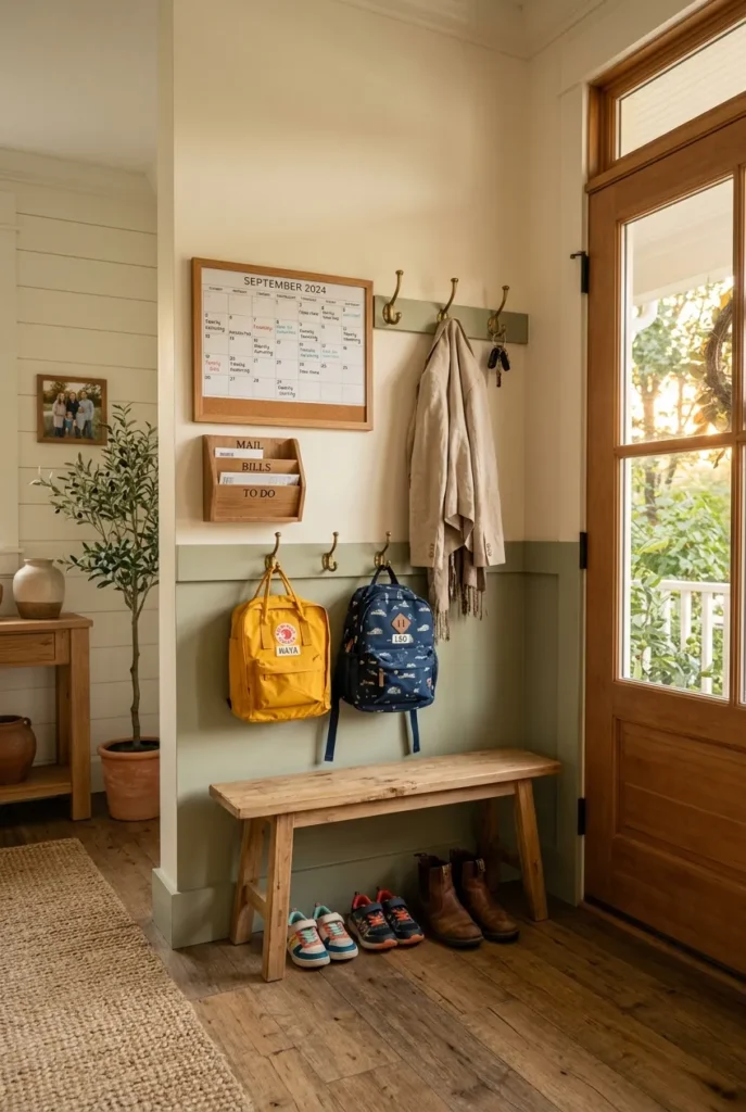 Entryway family command center wall with kid-height backpack hooks, calendar, and bench