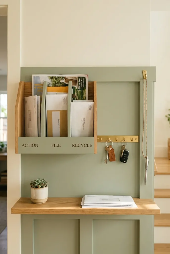 Command center wall essentials including a labeled mail sorter, key rail, and tethered pen