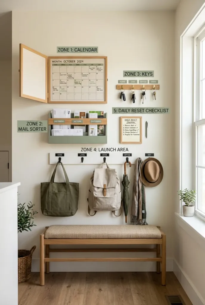 Family command center wall showing five zones for calendar, mail, keys, launch, and reset