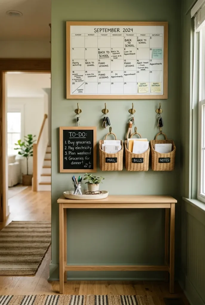 Family command center wall with calendar, key hooks, and labeled mail baskets in a cozy hallway