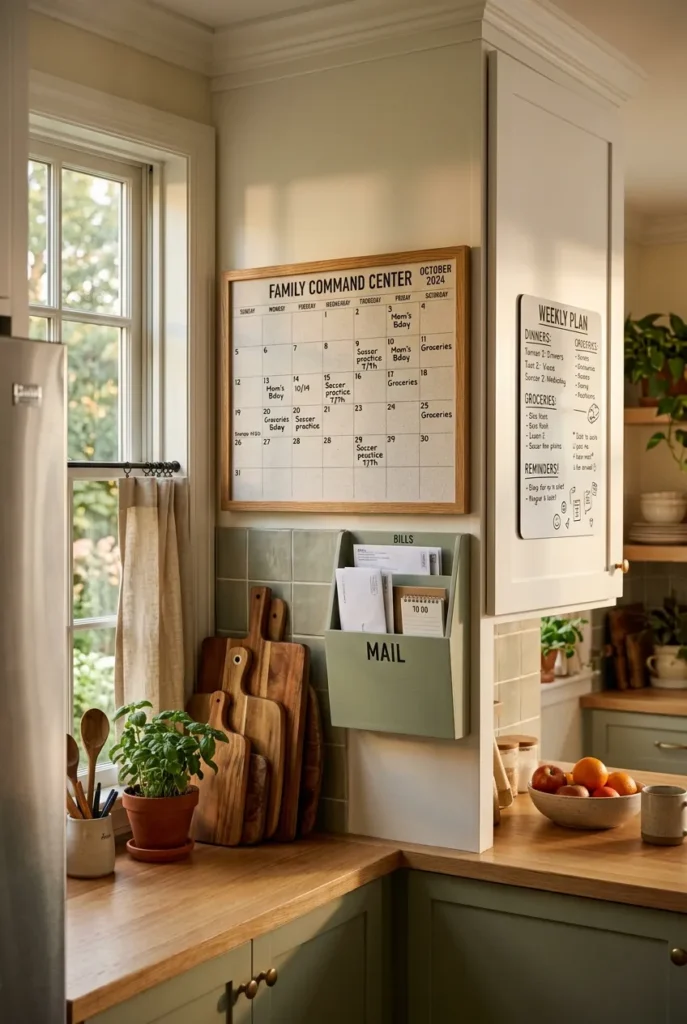 Family command center wall in a kitchen with calendar, mail file, and magnetic board by the fridge