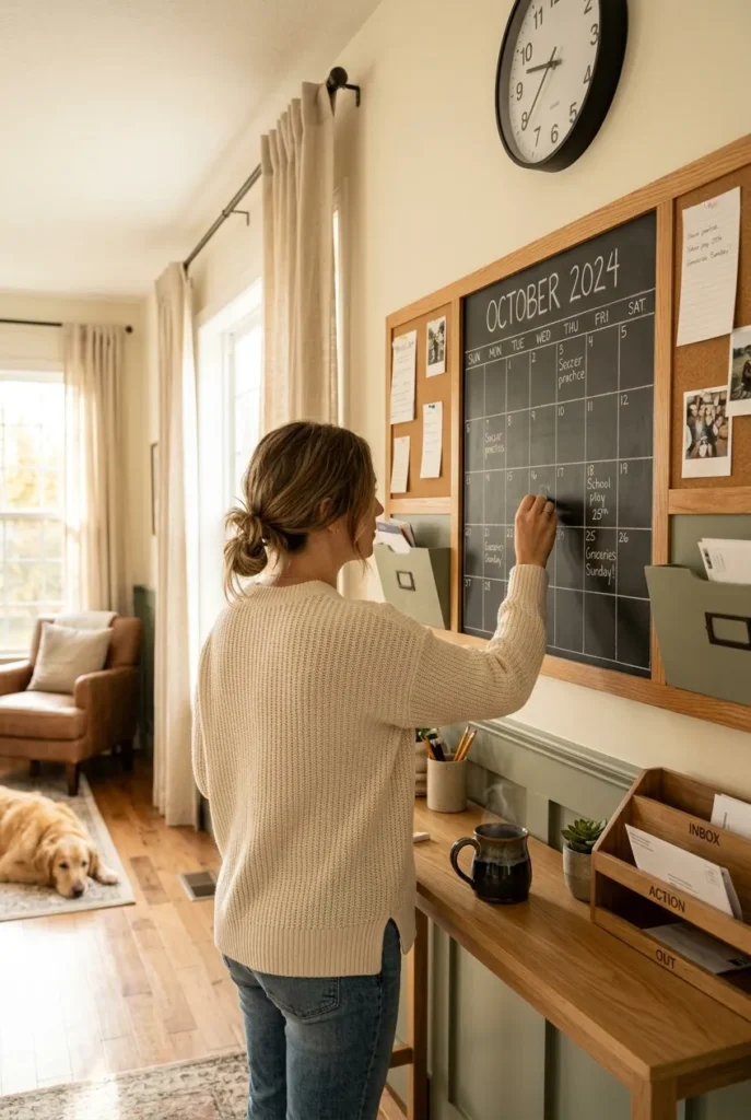 Parent doing a weekly Sunday reset at a family command center wall with a chalkboard calendar