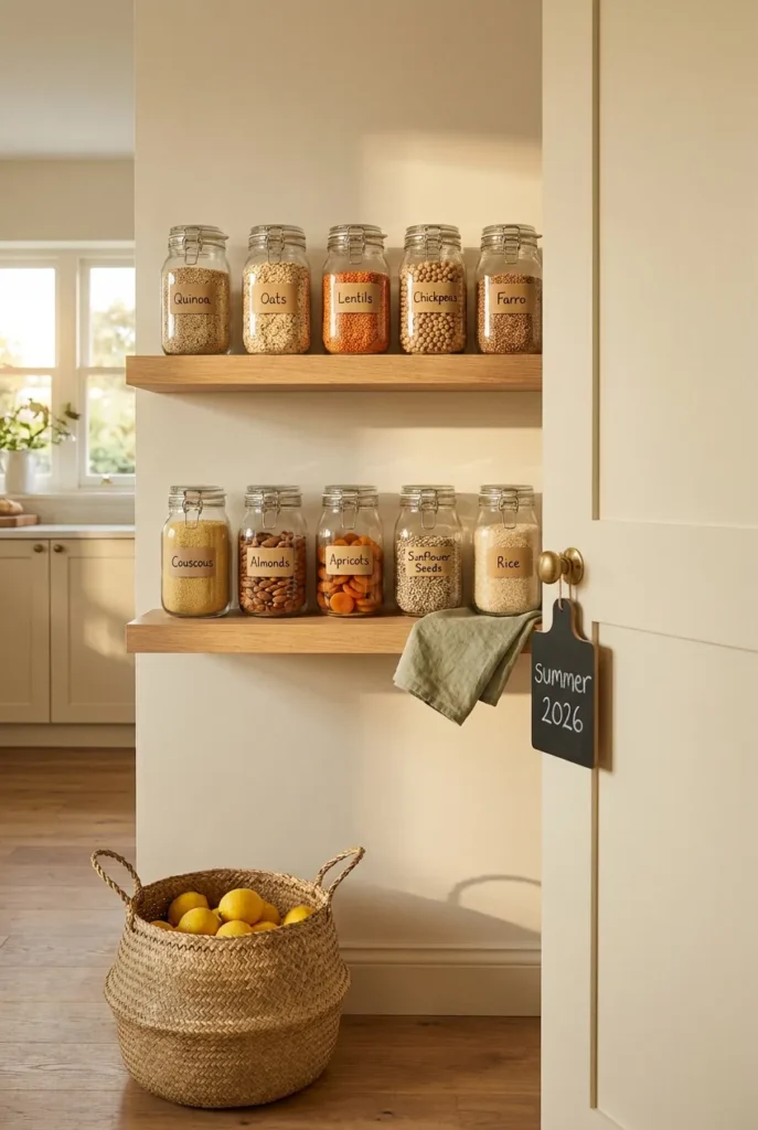 Finished summer pantry essentials lineup in clear labeled glass jars on oak shelves with lemons.