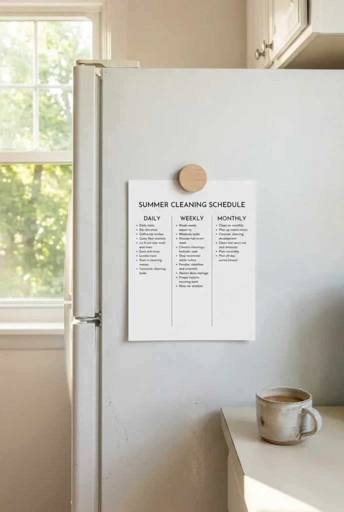 Free summer cleaning schedule printable pinned to fridge showing daily weekly monthly columns in morning kitchen