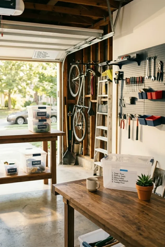 Organized two-car garage after a 2-hour weekend project with pegboard, hung bikes, labeled totes, and swept floor.