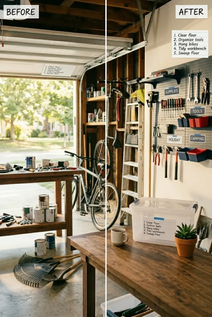 Before and after of a garage organization weekend project showing clutter transformed in two hours.
