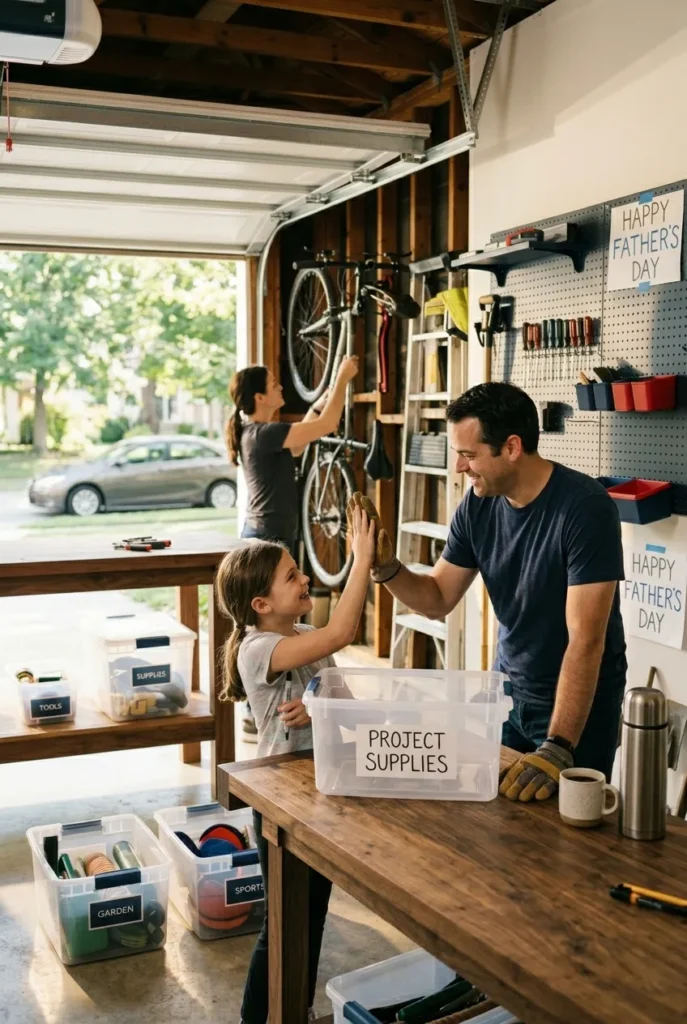 Father's Day garage organization weekend project with family teamwork hanging bikes and labeling totes.