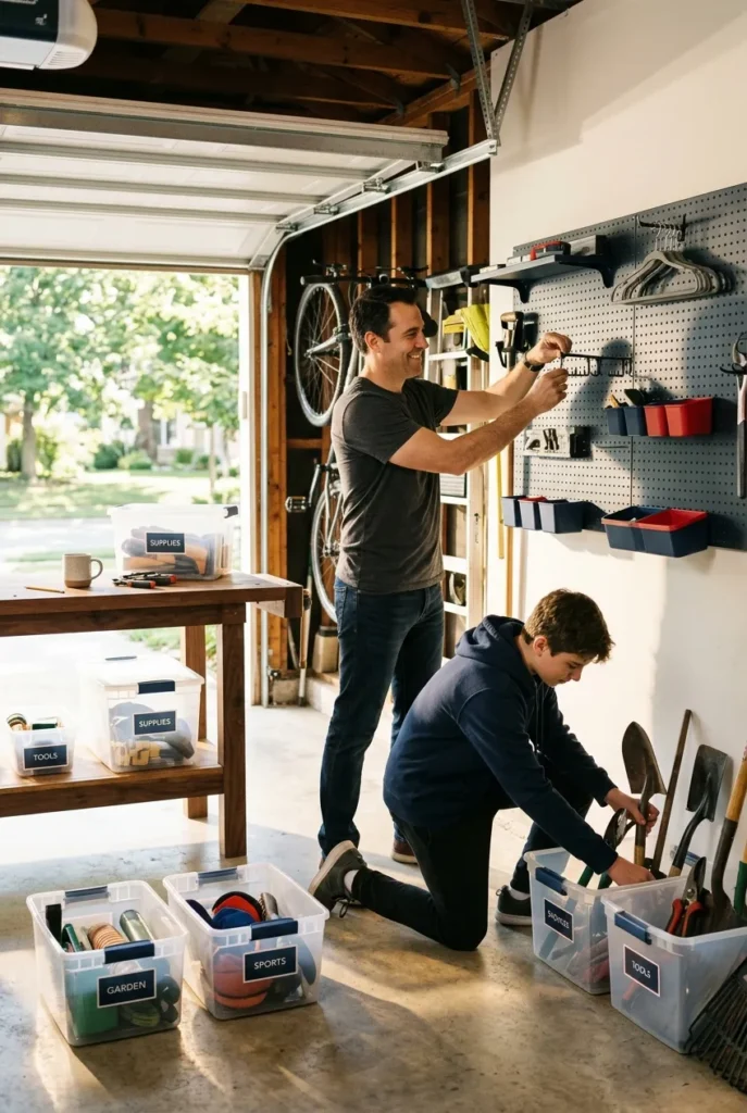 Garage organization weekend project in progress with dad and teen sorting tools and bins on a sunlit Saturday morning.