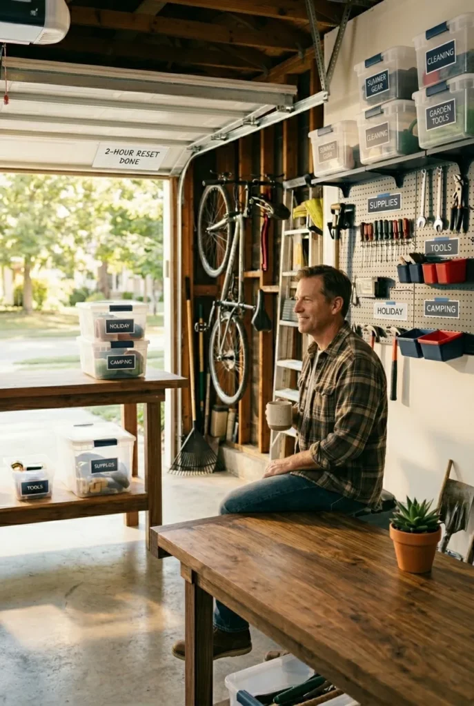 Dad with coffee looking at his finished garage organization weekend project on a Sunday morning.