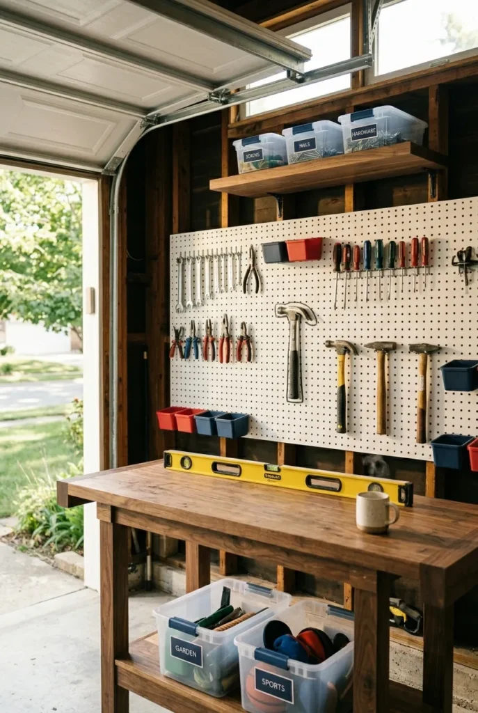 Hung pegboard wall with outlined tools, navy and red accents during a garage organization weekend project.
