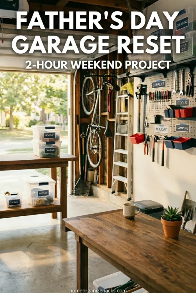 Father's Day garage organization weekend project Pinterest pin with pegboard, bikes, and labeled totes.