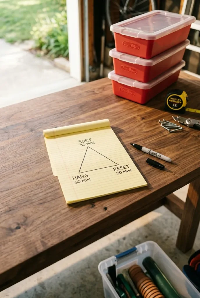 Hand-drawn 2-Hour Garage Reset Triangle framework with sort, hang, reset time blocks on a workbench notepad.