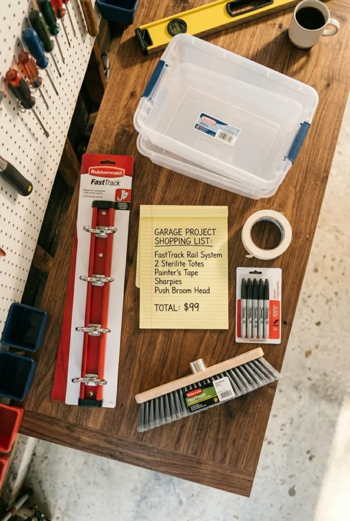 Under-$100 shopping list flatlay for a garage organization weekend project including pegboard, rail, totes, and tape.