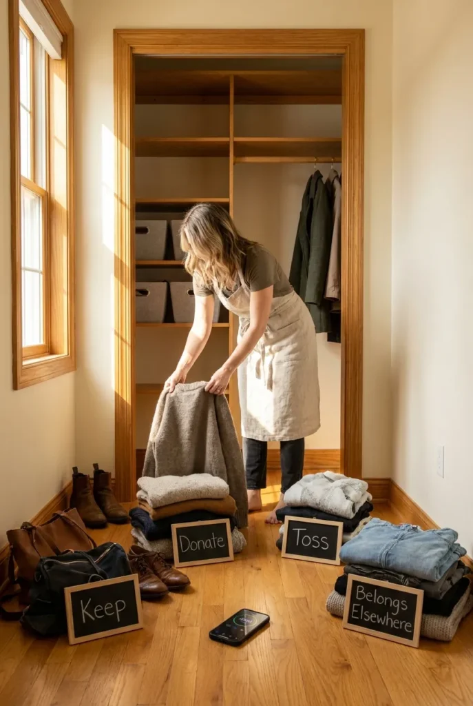 Hallway closet organization declutter with four sorted piles and a 30-minute timer in soft daylight