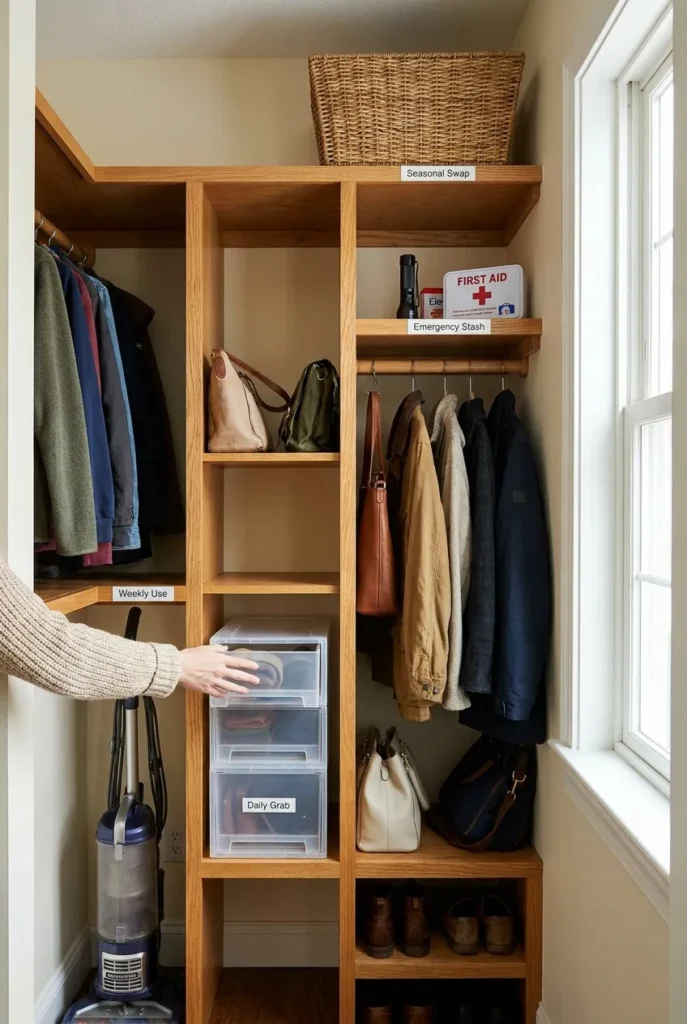 Hallway closet organization showing 4-zone method with labeled bins for daily, weekly and seasonal items.