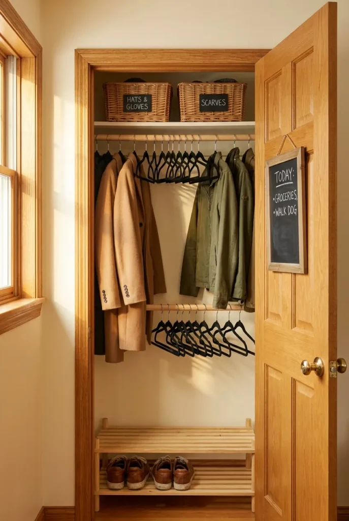 Hallway closet organization with velvet hangers, woven baskets and a pine shoe shelf in warm light.