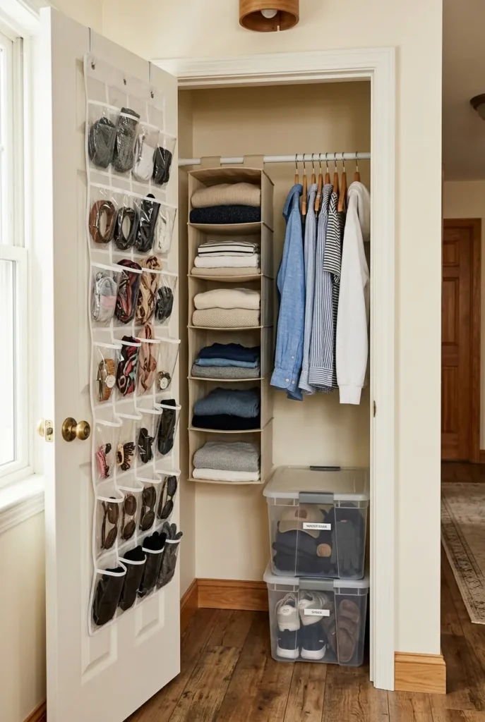 Hallway closet organization for no shelves with IKEA Skubb tower, tension rod and stackable clear bins.