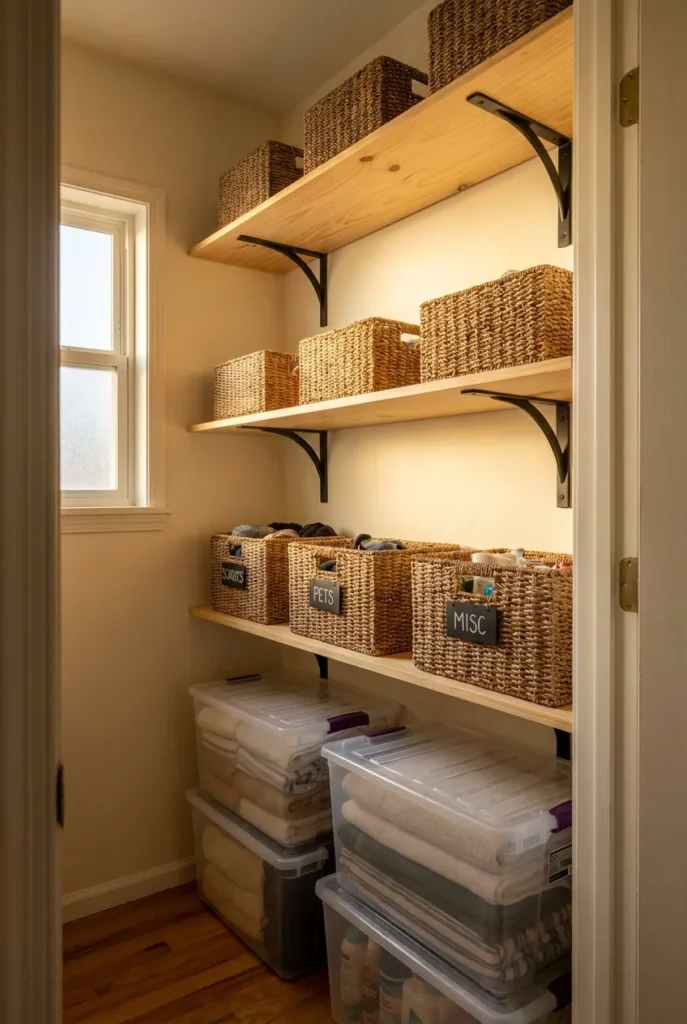 Hallway closet shelving with three pine shelves, black brackets and labeled baskets in golden light.