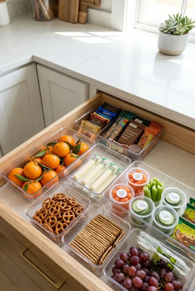 Healthy snack drawer organization with fresh fruit and veggies in the front zone