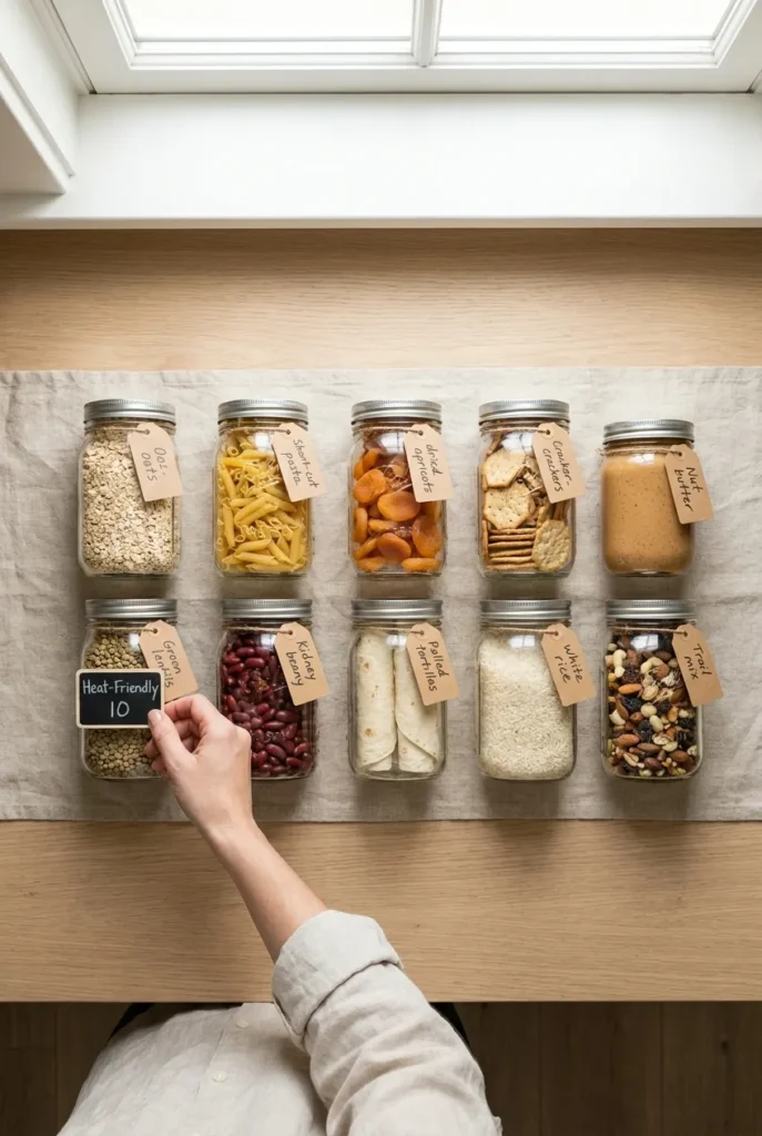 Ten heat-friendly summer pantry essentials in labeled glass jars on a sunlit oak counter.
