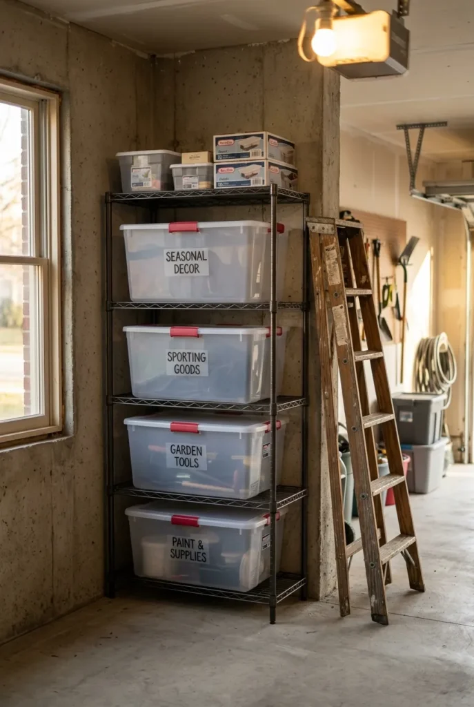 Garage storage shelf with heat-safe Sterilite bins for off-rotation summer toys