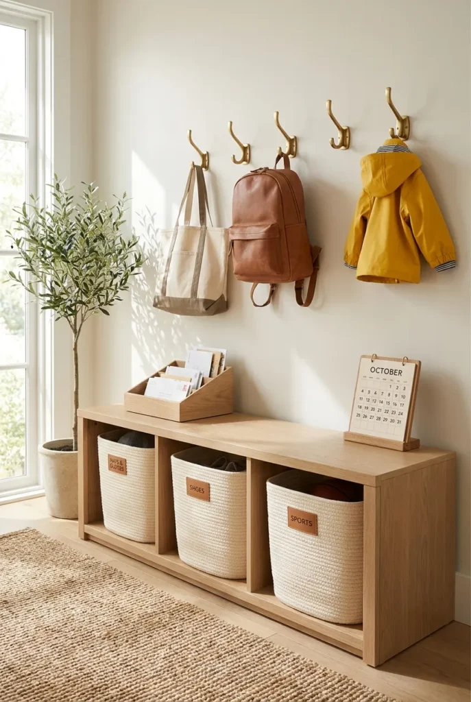 Entryway home command center with a storage bench, labeled baskets, hooks and a mail tray