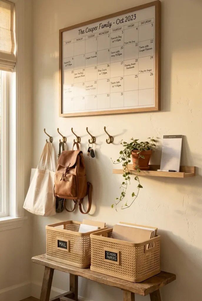 A finished home command center on a cream wall with calendar, hooks, baskets and a plant