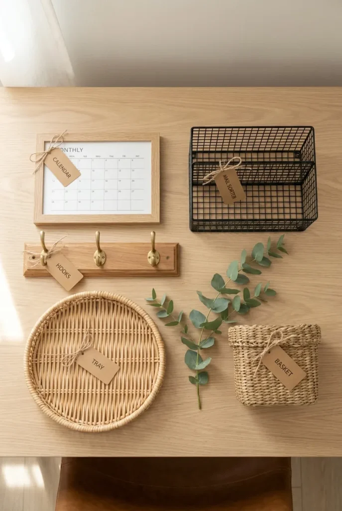 Home command center components laid out: calendar, mail sorter, hooks, tray and basket