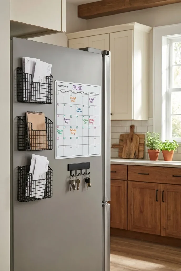 Kitchen command center using magnetic mail bins and a calendar on the side of a fridge