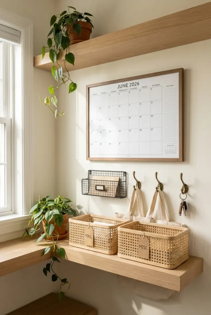 Home command center on a cream kitchen wall with calendar, mail rack, hooks and baskets