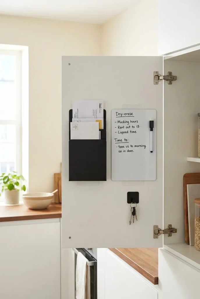 Small space home command center inside a cabinet door using no-drill adhesive organizers
